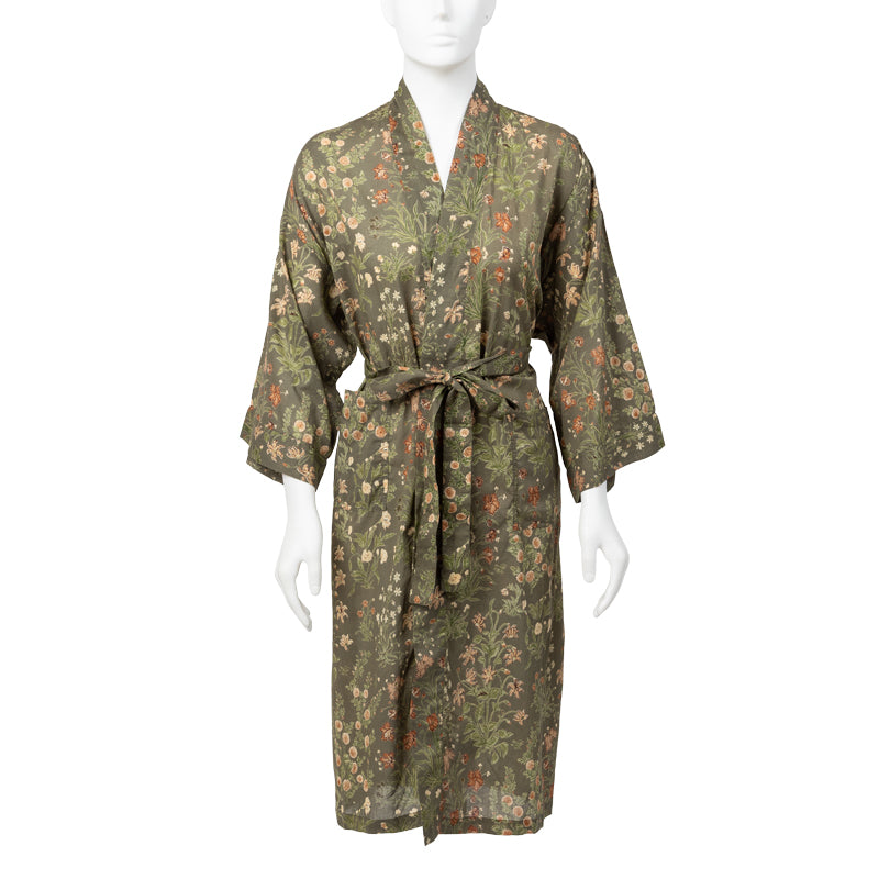 Cotton Kimono Robe in Olive Flower